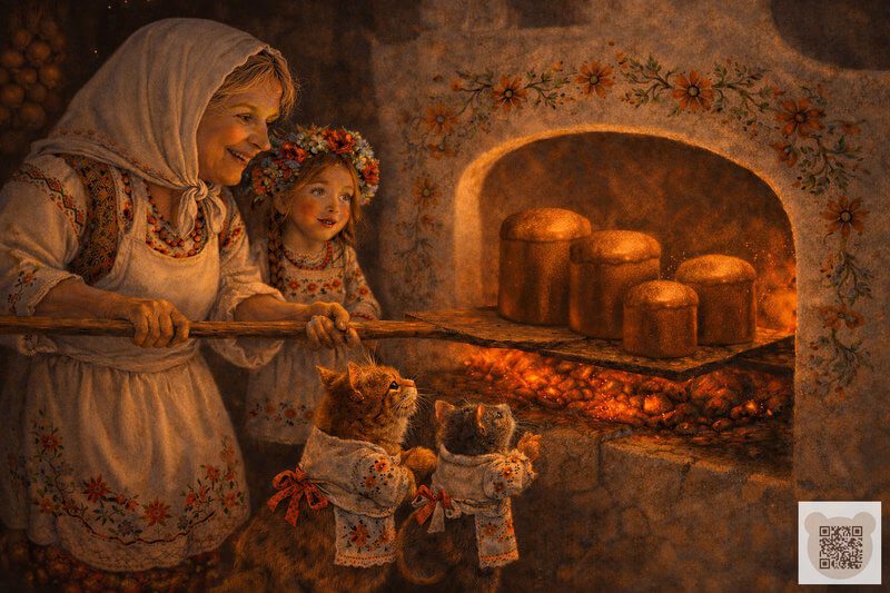 Священний вогонь та золотий жар ✨ Як пасочки в печі в Орлику пеклися — Казка про Великдень для дітей про Україну від Наталки України. Дитяча ілюстрація: бабуся Маруся на дерев'яній лопаті саджає паски в розмальовану українську піч. Наталочка, котик і мишка допомагають. Казка про Великдень для дітей про Україну — традиції випікання на Полтавщині.