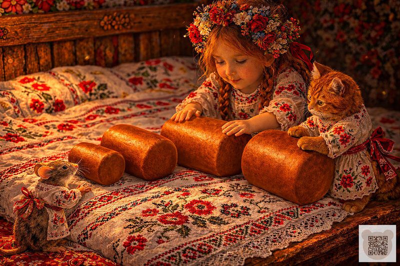 Як пасочки на перині відпочивали ✨ Традиції випікання паски в Орлику — Казка про Великдень для дітей про Україну від Наталки України. Дитяча ілюстрація: Наталочка, кішка Муронька та мишка Шуронька у вишиванках доглядають за золотистими пасками на пухкій перині. Казка про Великдень для дітей про Україну — традиційні секрети випікання паски в Орлику.