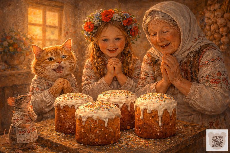 Білосніжні шапки та барвисте пшоно ✨ Святкова оздоба пасхальної випічки в Орлику — Казка про Великдень для дітей про Україну від Наталки України. Дитяча ілюстрація: бабуся Маруся, Наталочка, котик і мишка милуються готовими пасками з білою помадкою та кольоровою посипкою. Казка про Великдень для дітей про Україну — святкова випічка в Орлику.