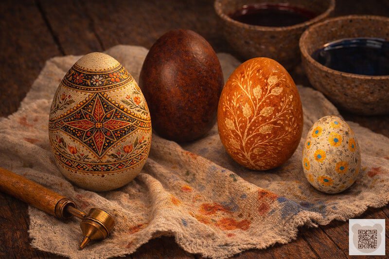 Секрети української писанки та дряпанки ✨ Авторська казка про Великдень для дітей про Україну від Наталки України: як розрізнити види великодніх яєць. Авторська дитяча ілюстрація: чотири види великодніх яєць — традиційна писанка, червона крашанка, шкрябана дряпанка та плямиста крапанка з писачком. Казка про Великдень для дітей про Україну.