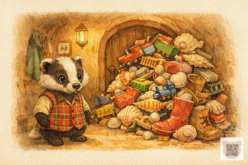 Повчальна казка про борсука Бориса: ілюстрація про безлад і прибирання іграшок для дітей 4, 5, 6 років.