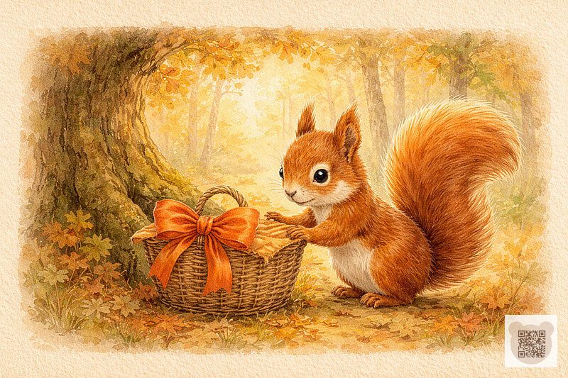 Повчальна казка про білку Віру і чужий кошик: ілюстрація про чесність і знахідки в лісі для дітей 4, 5, 6 років.