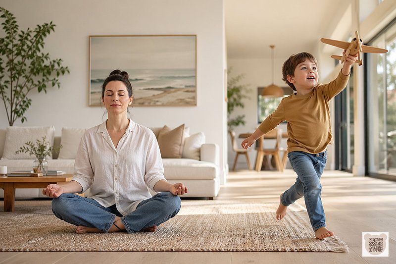  A mother practicing mindfulness while her energetic 5-year-old son plays nearby, illustrating child behavior at 5 and parental self-care.