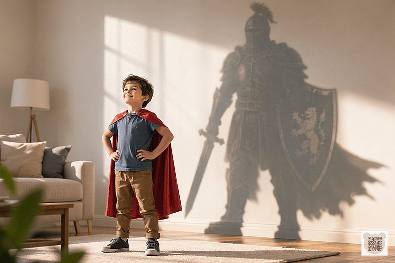 A 5-year-old boy in a red superhero cape with a brave knight's shadow on the wall, illustrating a child's search for power and autonomy.