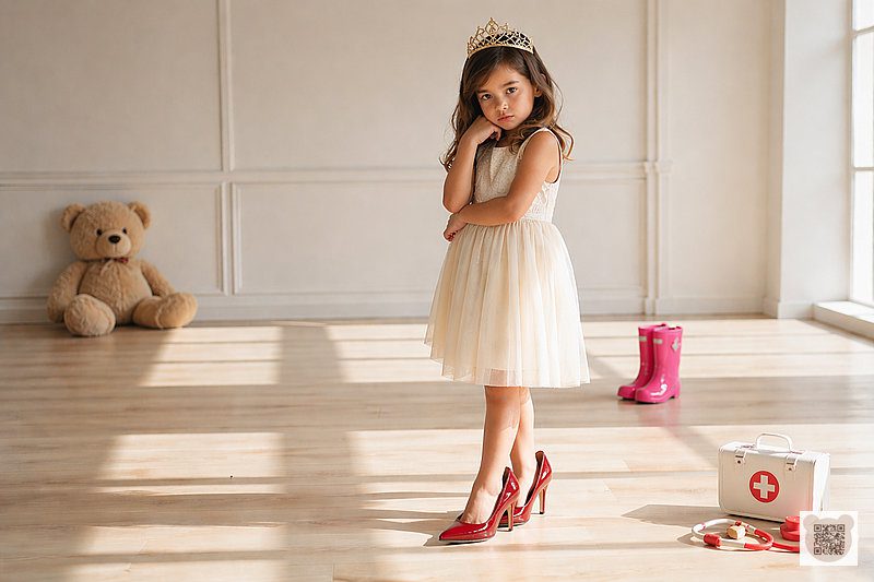A 5-year-old girl wearing a crown and her mother's high heels in a minimalist white room, showing 5-year-old behavior changes in girls.
