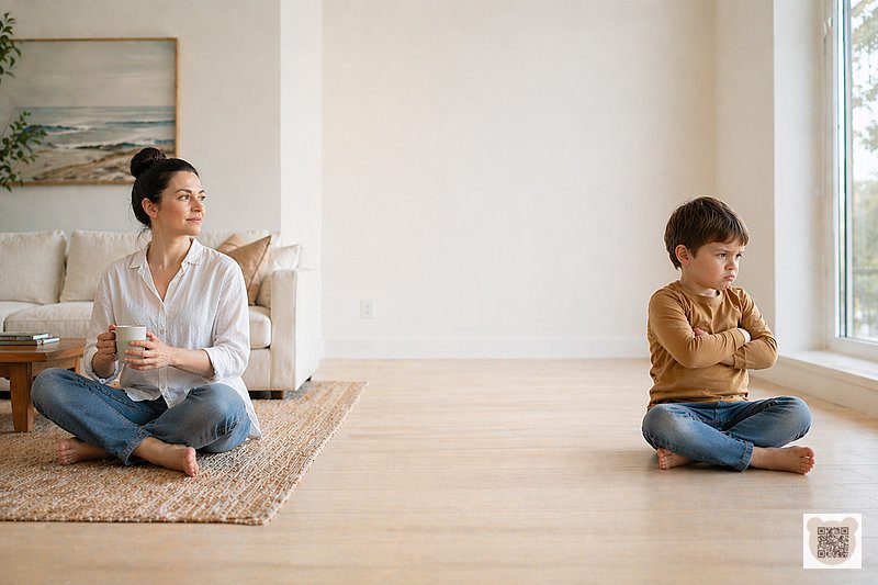 A mother and her defiant 5-year-old son sitting apart on the floor, showing 5-year-old behavioral problems and seeking independence.