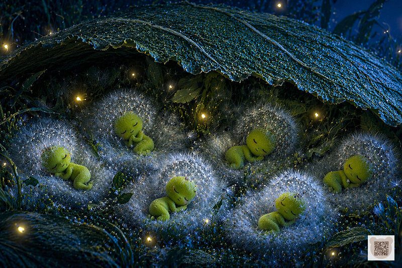 Six sweet Fluffyies sleeping soundly in their fluffy beds under a burdock leaf. A soothing bedtime story for 3-year-olds with pictures. A gentle sleepy tale for toddlers, a forest illustration with fireflies.