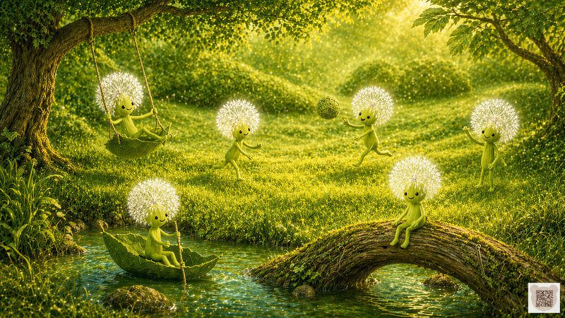 The magical Fluffyies are playing in a sunny meadow by the stream. A gentle bedtime story for 3-year-olds with botanical illustrations. A picture book about the Fluffyies, a sleepy tale for toddlers.