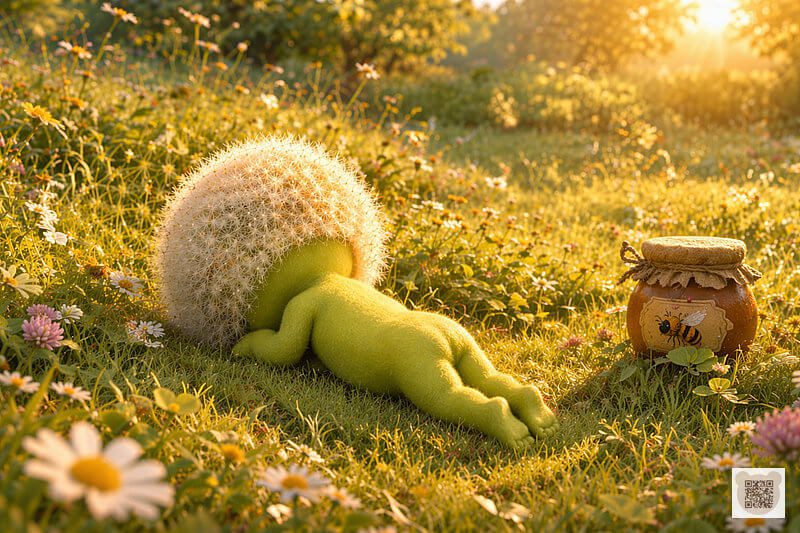 A tiny Fluffy is sleeping sweetly on a sunny meadow next to a jar of honey. A soothing bedtime story for 3-year-olds with pictures. A gentle sleepy tale for toddlers, forest illustration in botanical style.