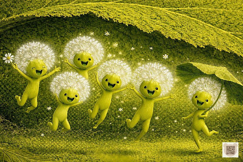 Joyful Fluffyies are laughing and jumping under a giant burdock leaf. A gentle bedtime story for 3-year-olds with pictures. Bright illustrations for toddlers, forest folk in a botanical style.