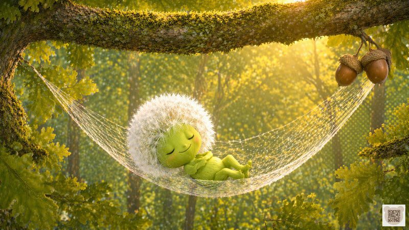 A tiny Fluffy sleeping sweetly in a spiderweb hammock on an oak branch. A soothing bedtime story for 3-year-olds with pictures. A gentle botanical illustration for toddlers' sleep.