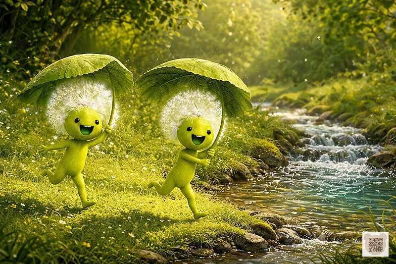 Two joyful Fluffyies with leaf umbrellas running along a forest stream. A gentle bedtime story for 3-year-olds with pictures. Adventures of the Fluffyies by the water, a bright illustration for toddlers.