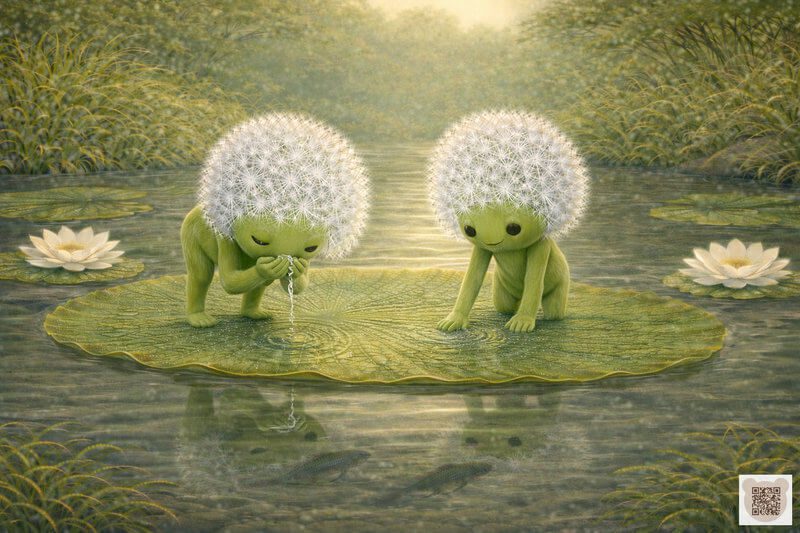 Two tiny Fluffyies on a large lily pad drinking clean water from the river. A peaceful bedtime story for 3-year-olds with pictures. A gentle botanical illustration for toddlers, a sleepy tale by the water.