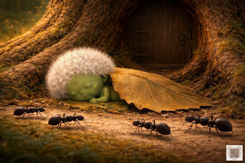 A tiny Fluffy sleeping by the oak roots, covered with a dry leaf, while ants walk by. A soothing bedtime story for 3-year-olds with pictures. A gentle illustration for toddlers' sleep, forest stories in pictures.