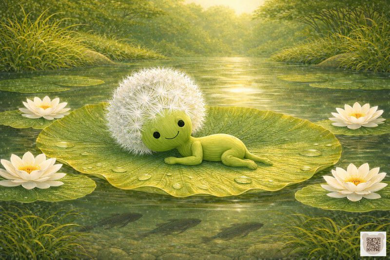 A tiny Fluffy is sleeping sweetly on a large lily pad in the middle of a calm river. A soothing bedtime story for 3-year-olds with pictures. A gentle sleepy tale for toddlers, forest illustration by the water.