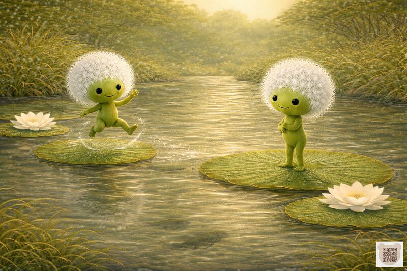 Two joyful Fluffyies jumping on lily pads in a clean river. A happy bedtime story for 3-year-olds with pictures. A summer illustration for toddlers, the magical Fluffyies by the water.