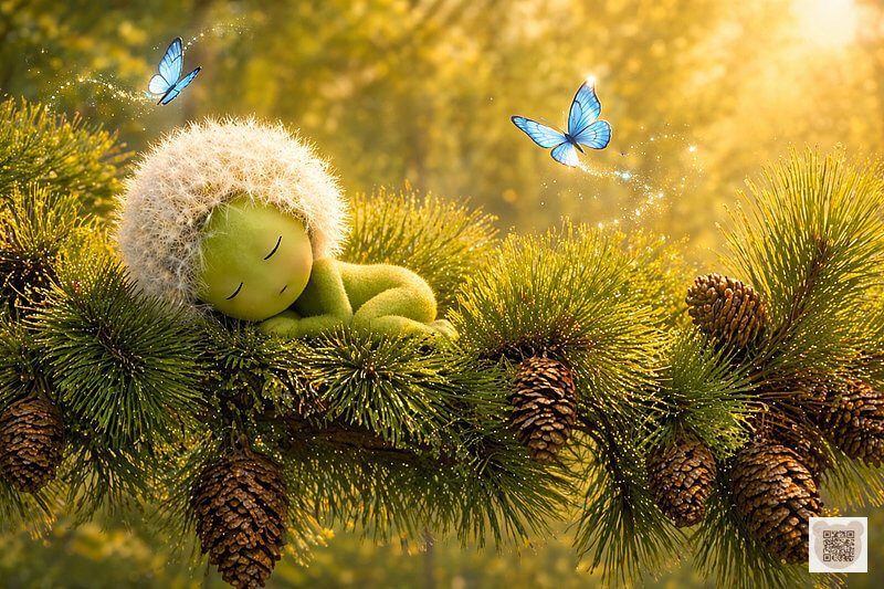 A tiny Fluffy is sleeping sweetly on a fluffy pine branch among pine cones and blue butterflies. A gentle bedtime story for 3-year-olds with pictures. A soothing forest illustration, a sleepy tale for toddlers about the Fluffyies.