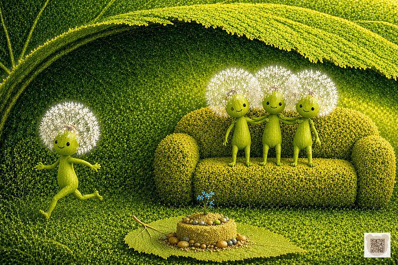 One Fluffy is running to the river, while three friends stay behind under a burdock leaf. A dynamic bedtime story for 3-year-olds with pictures. Adventures of the Fluffyies, a children's illustration in botanical style.