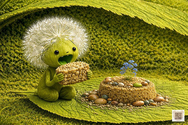 A tiny Fluffy eating a sand cake with a forget-me-not flower under a burdock leaf. A fun bedtime story for 3-year-olds with pictures. A funny illustration for toddlers, Fluffy forest character in his little house.