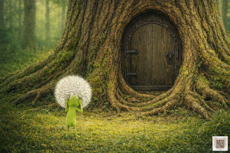 A tiny Fluffy stands before a large wooden door in the trunk of an old oak tree. A magical bedtime story for 3-year-olds with pictures. A gentle illustration of the Owl's house and forest folk.