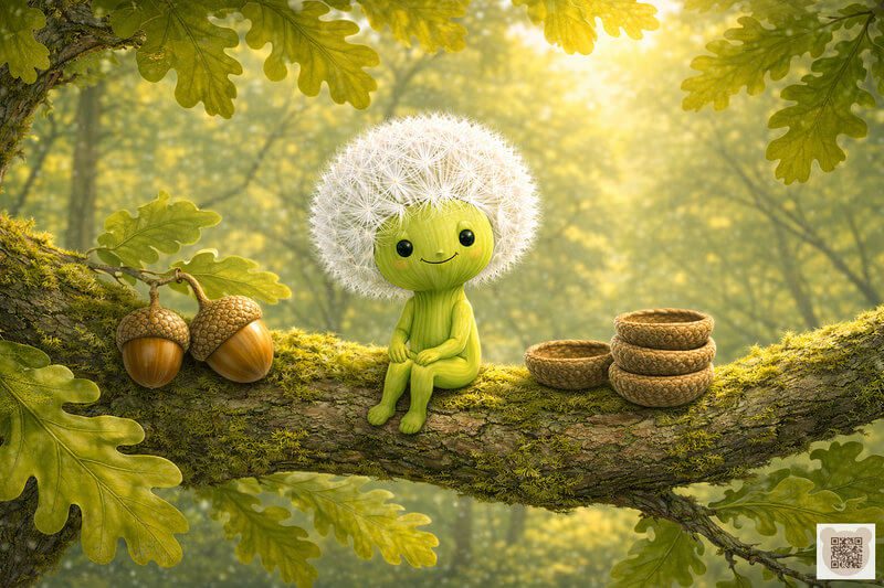 A tiny Fluffy sitting on an oak branch next to cups made of acorn caps. A gentle bedtime story for 3-year-olds with pictures. A forest illustration for toddlers, Fluffy character on a tree.