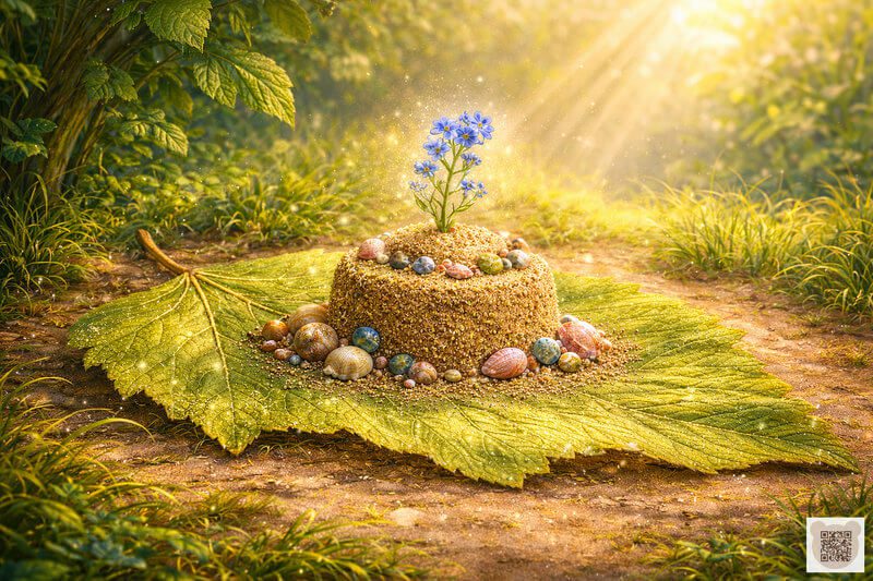 A magical sand cake with seashells, pebbles, and a blue forget-me-not flower on a poplar leaf. A cozy bedtime story for 3-year-olds with pictures about the Fluffyies. Enchanting botanical illustration for toddlers.