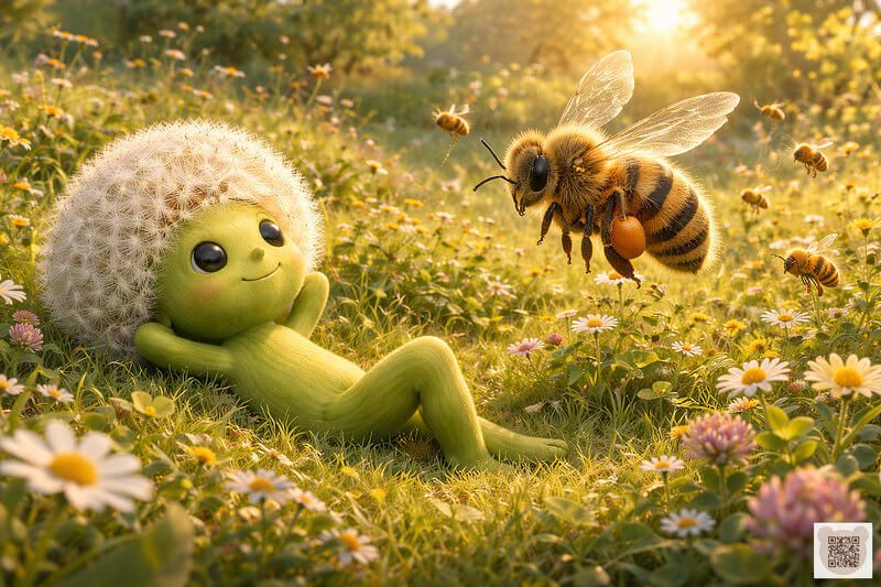 A tiny Fluffy is resting in the tall grass, looking at a kind fluffy bee. A gentle bedtime story for 3-year-olds with pictures about nature. A summer illustration for toddlers, Fluffy character in the meadow.