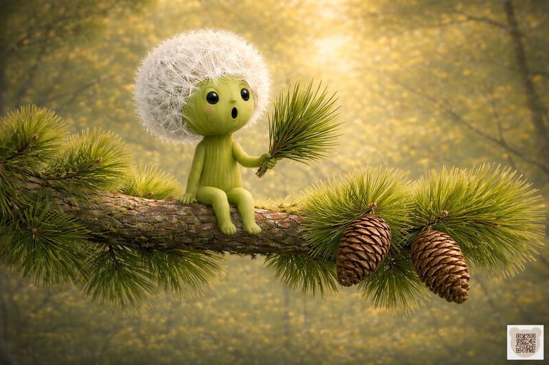 A tiny Fluffy sitting on a pine branch with a bundle of needles in his hands. A forest bedtime story for 3-year-olds with pictures. A gentle botanical illustration about the Fluffyies' adventures in the forest.