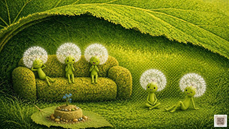 Five Fluffyies resting on a mossy sofa next to a sand cake. A cozy bedtime story for 3-year-olds with pictures. A gentle botanical illustration for toddlers, forest folk in their home under a leaf.