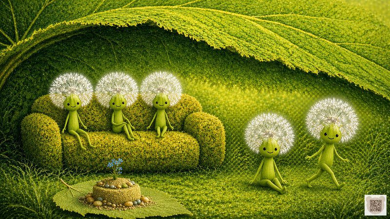 Five Fluffyies are sitting under a large burdock leaf next to a sand cake. A calm bedtime story for 3-year-olds with pictures. A gentle botanical illustration, forest folk waiting for their friends to return.