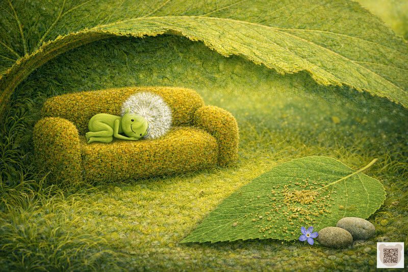 A tiny Fluffy sleeping sweetly on a soft mossy sofa under a giant burdock leaf. A soothing bedtime story for 3-year-olds with pictures. A gentle illustration for sleep, forest folk in their cozy little home.
