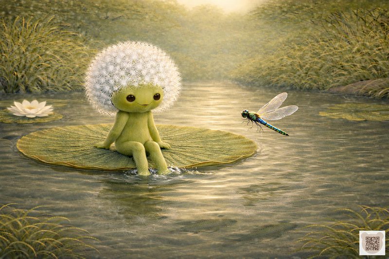 A tiny Fluffy sitting on a lily pad, looking at a dragonfly above the water. A gentle bedtime story for 3-year-olds with pictures about nature. A botanical illustration for toddlers, a sleepy tale by the river.