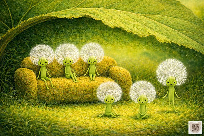Six sweet Fluffyies resting on a soft mossy sofa under a burdock leaf. A cozy bedtime story for 3-year-olds with pictures. Botanical illustration for sleep, forest folk in their little home.