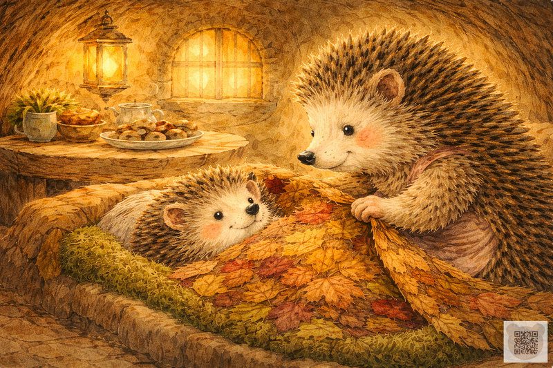 Educational therapeutic story about friendship: an illustration where mother hedgehog tucks little Kolya into bed in a cozy burrow and tells him the secret of calm.