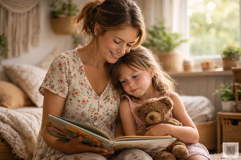 Мама читает книгу маленькой девочке с мягким мишкой, иллюстрируя обучающие терапевтические сказки Наталки Украины.