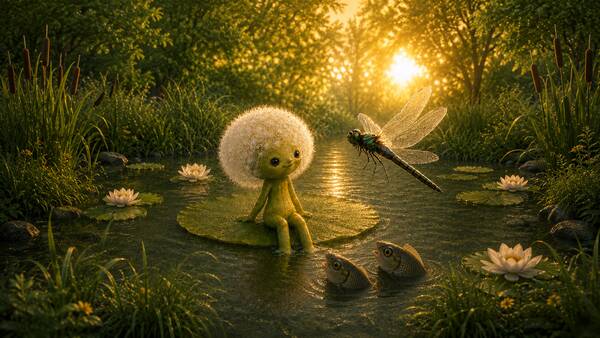 Fluffies tea party bedtime story for 3 year olds with pictures baby bear org A Cute Green Character Sitting On A Lily Pad Watching Fish And A Dragonfly By The River