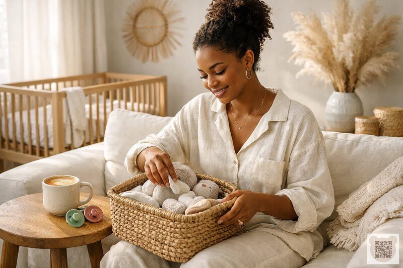 Choosing the right amount of pacifiers for your newborn baby’s comfort. A happy mother holding baby essentials in a cozy nursery with pacifiers on a side table, illustrating how many pacifiers for newborn parents need.