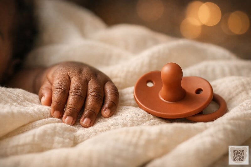 Close-up of a newborn baby's hand next to a stylish terracotta silicone pacifier on a soft muslin swaddle, representing baby self-soothing.