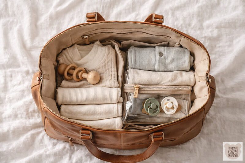 Best pacifier quantity for hospital bag essentials. Top view of an organized hospital bag with newborn essentials including neutral-colored pacifiers and organic baby clothes.