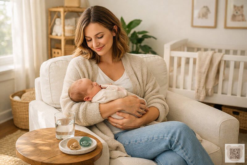 Choosing the right amount of pacifiers for your newborn baby’s comfort. A happy mother holding a sleeping newborn baby in a cozy nursery with pacifiers on a side table, illustrating how many pacifiers for newborn parents need.