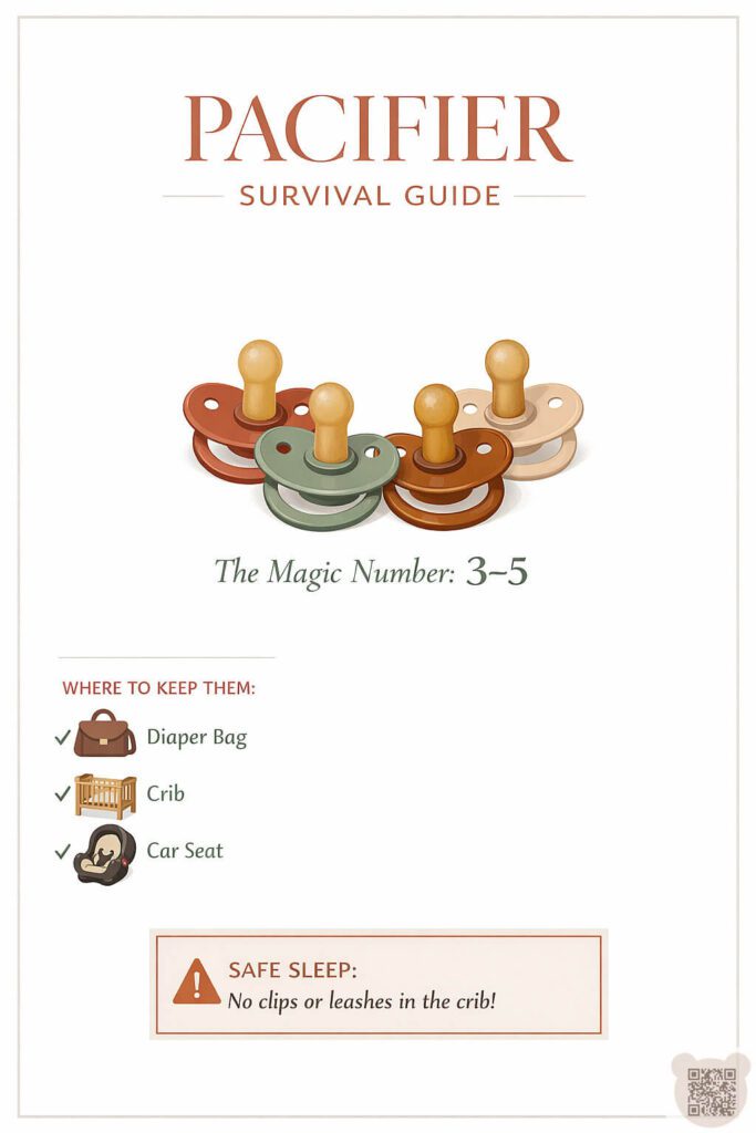 How many pacifiers do I need for a newborn infographic and safe sleep tips Infographic titled Pacifier Survival Guide showing the magic number of 3-5 pacifiers for a newborn and safe sleep rules.