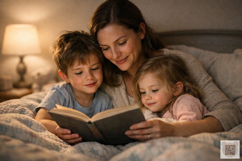 Семейное чтение: мама читает детям сказку на ночь в уютной спальне