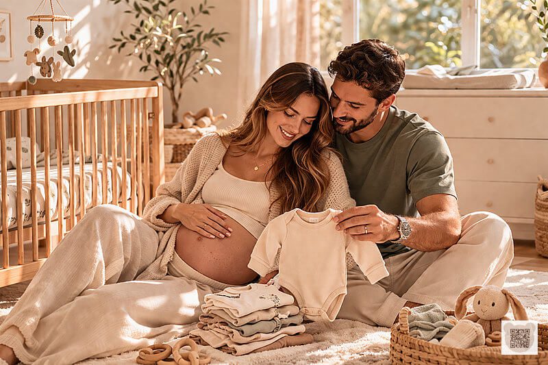 A happy expectant couple sitting in a minimalist nursery, looking at newborn essentials and baby clothes, illustrating a minimalist lifestyle for new parents.