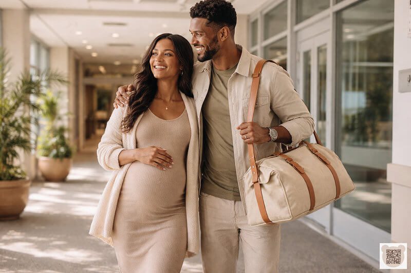 An expectant African American couple walking through a hospital hallway with a stylish minimalist hospital bag, representing bare essentials for newborn arrival.