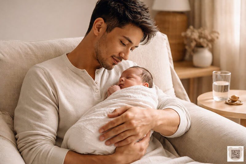 A young Asian father holding his newborn baby in a simple muslin swaddle, representing the attachment bond and minimalist newborn essentials.