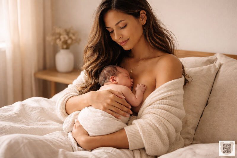 A peaceful mother holding her newborn skin-to-skin in a minimalist bedroom, illustrating intentional parenting and the attachment bond.