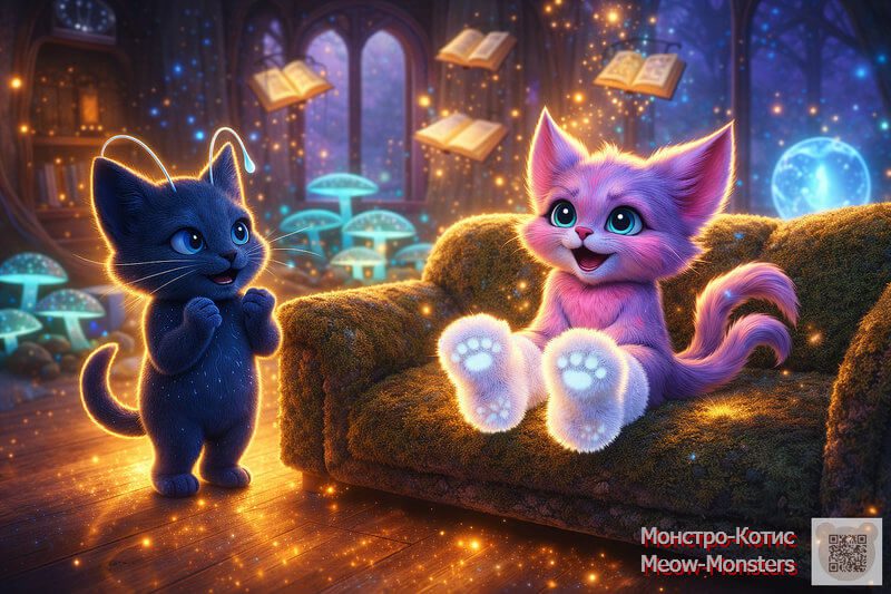 Therapeutic bedtime story: a playful method to relax children’s legs before sleep. Boomsy Bop in fluffy socks sitting on a moss couch — illustration from a story about restless legs in children and what helps kids ages 3–7 calm down before sleep.