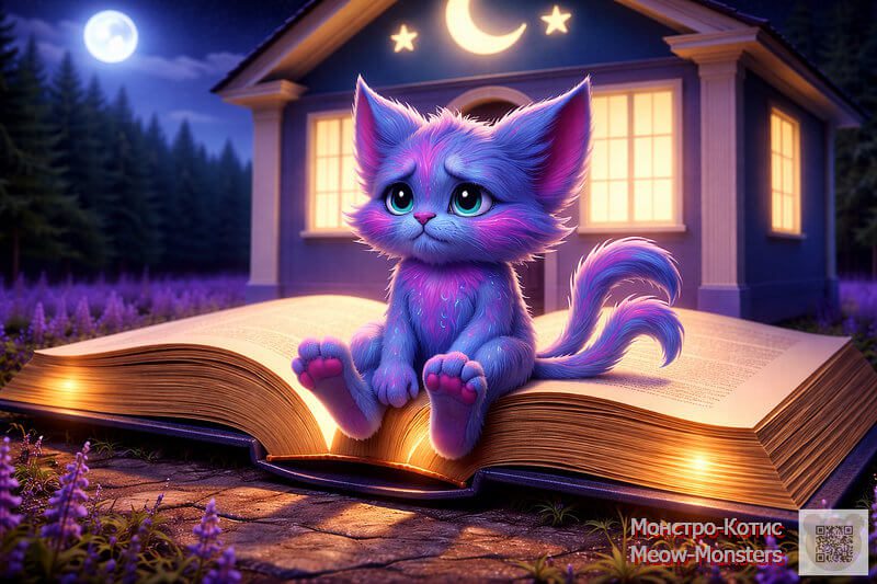 Therapeutic story for kids with restless legs syndrome: Boomsy Bop the cat sitting on a giant magic book porch. Educational fairytale for toddlers and children aged 3-7.