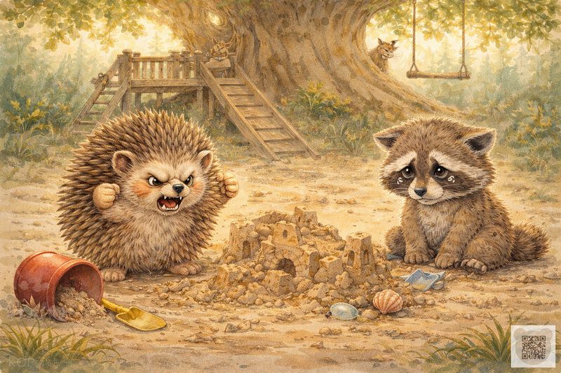 Educational therapeutic story about friendship: a dramatic watercolor illustration where angry little hedgehog Kolya sticks out his quills and breaks the sad raccoon’s sandcastle.
