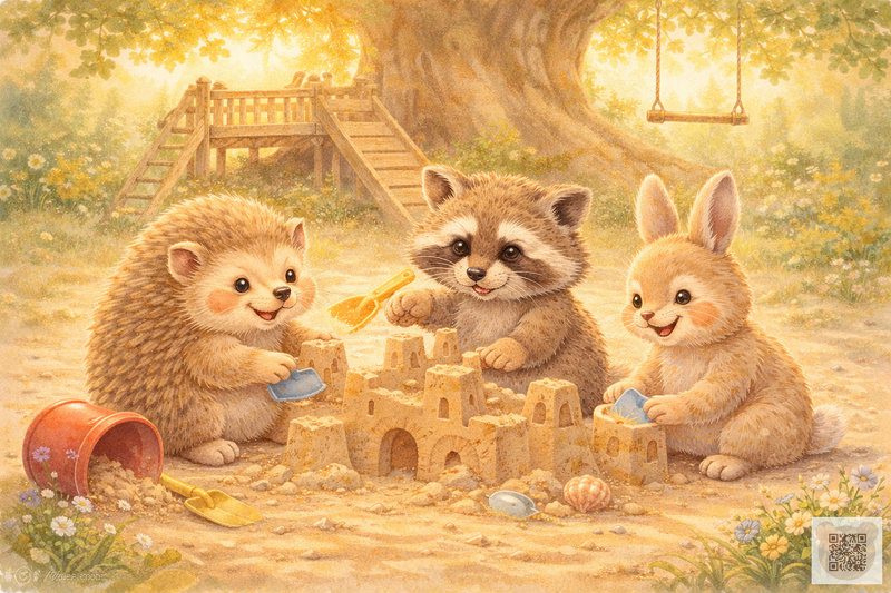 An educational therapeutic story about friendship illustration featuring a friendly hedgehog, a raccoon, and a bunny building a sandcastle together in a sun-drenched playground.